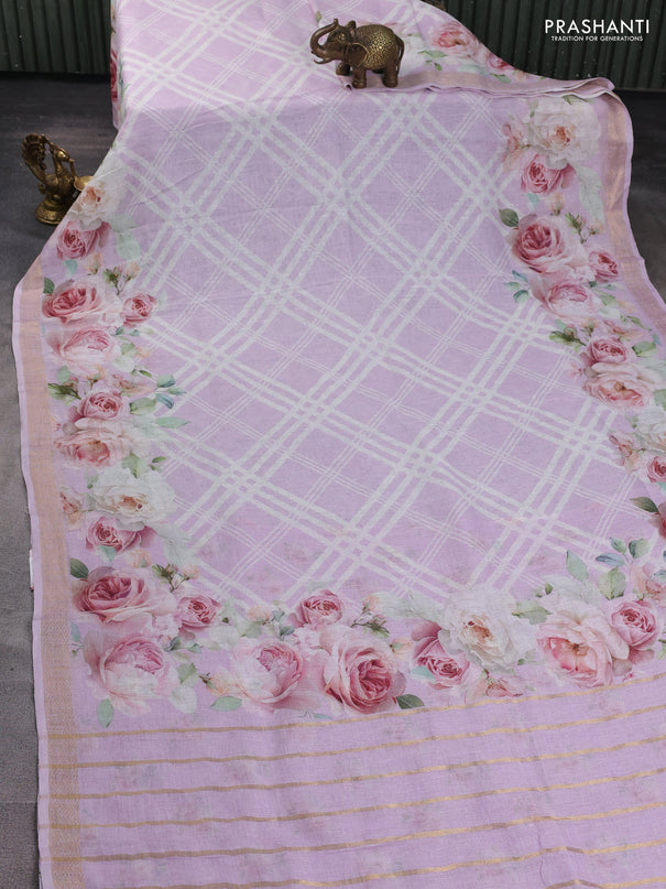 Pure linen saree lavender with allover geometric prints and zari woven border