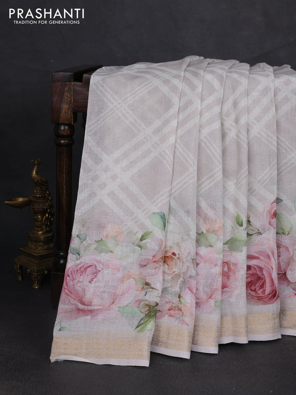 Pure linen saree pastel grey with allover geometric prints and zari woven border