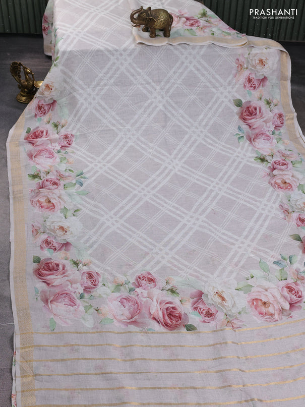 Pure linen saree pastel grey with allover geometric prints and zari woven border