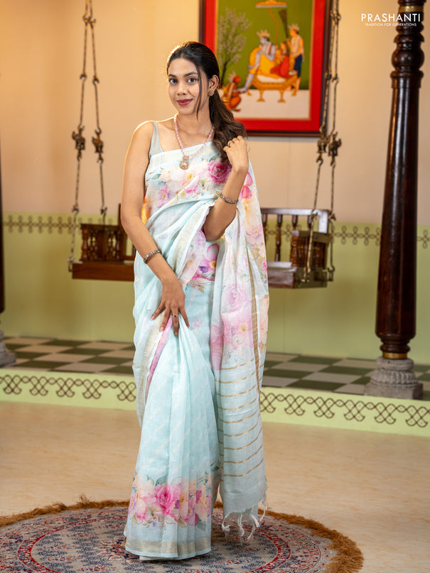Pure linen saree light blue with allover geometric prints and zari woven border