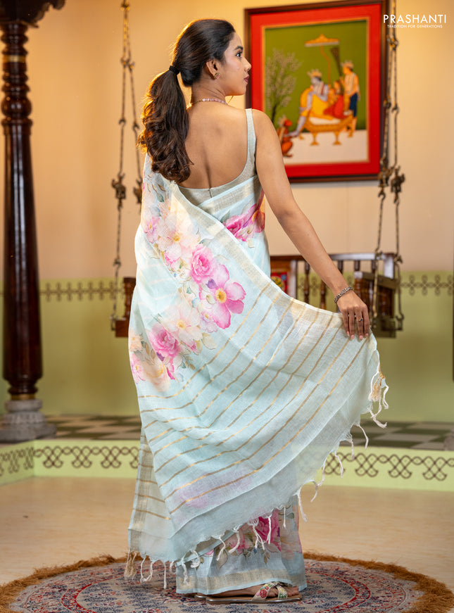 Pure linen silk saree light blue with allover geometric prints and zari woven border