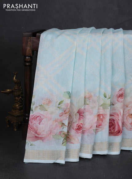 Pure linen silk saree light blue with allover geometric prints and zari woven border