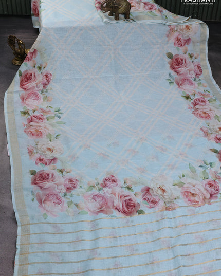 Pure linen saree light blue with allover geometric prints and zari woven border