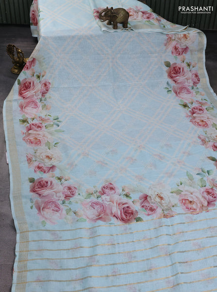 Pure linen silk saree light blue with allover geometric prints and zari woven border
