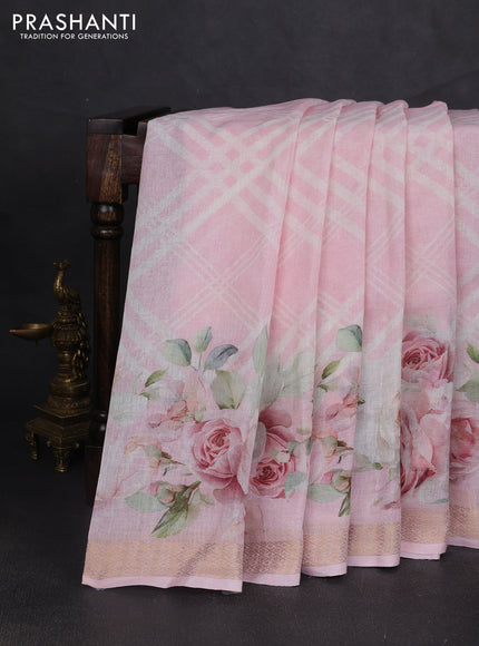 Pure linen silk saree baby pink with allover geometric prints and zari woven border