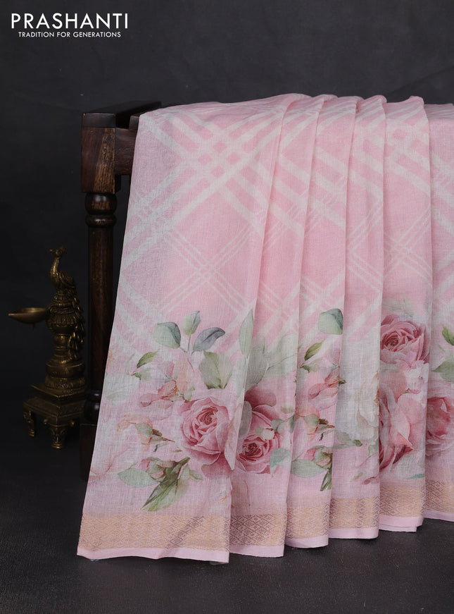 Pure linen silk saree baby pink with allover geometric prints and zari woven border