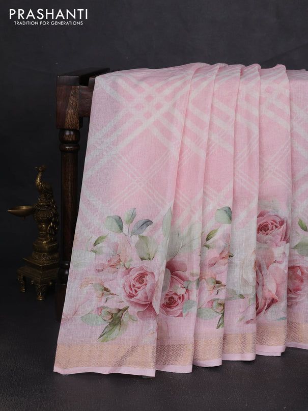 Pure linen saree baby pink with allover geometric prints and zari woven border
