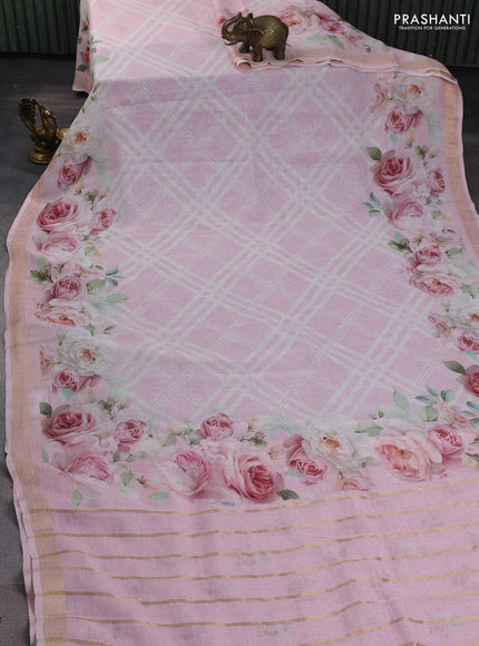 Pure linen silk saree baby pink with allover geometric prints and zari woven border