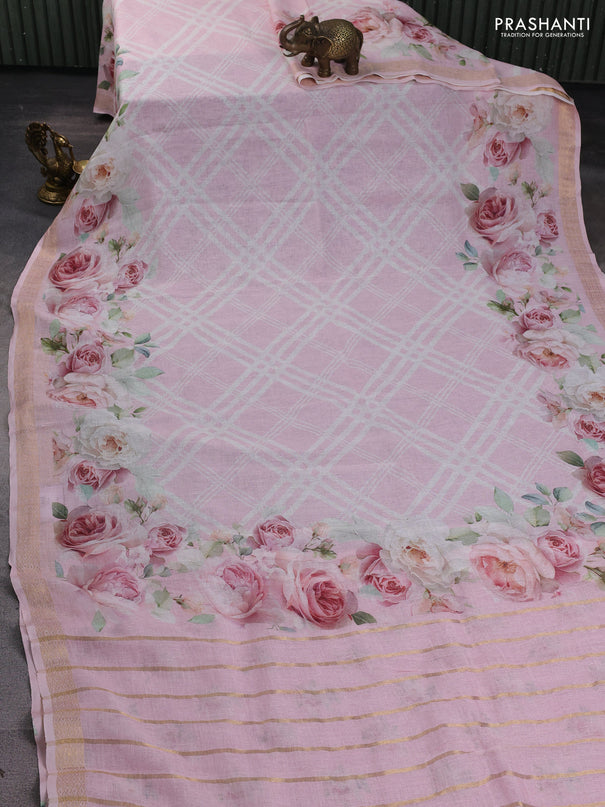 Pure linen saree baby pink with allover geometric prints and zari woven border
