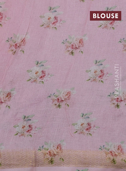Pure linen silk saree baby pink with allover geometric prints and zari woven border