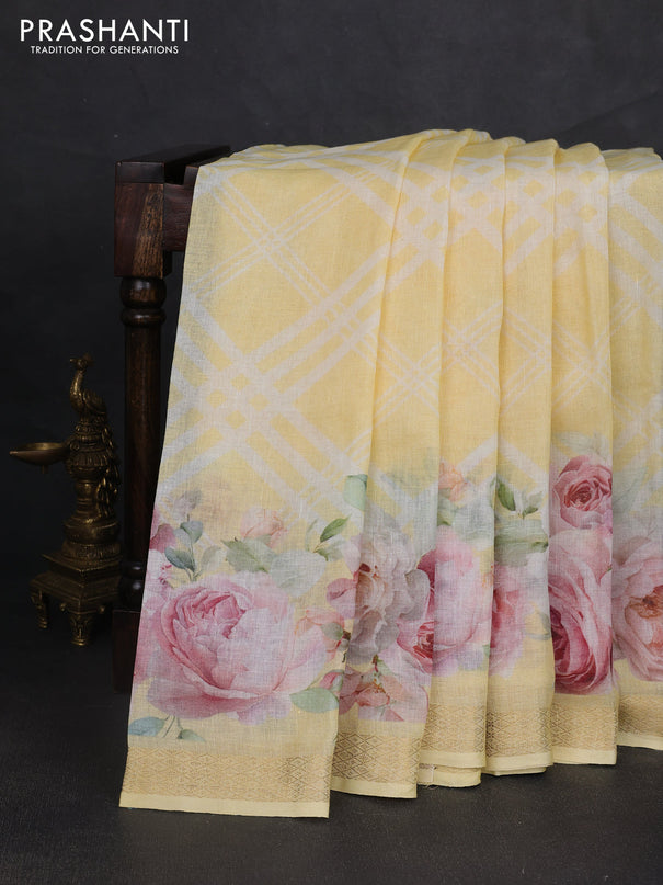 Pure linen saree pale yellow with allover geometric prints and zari woven border