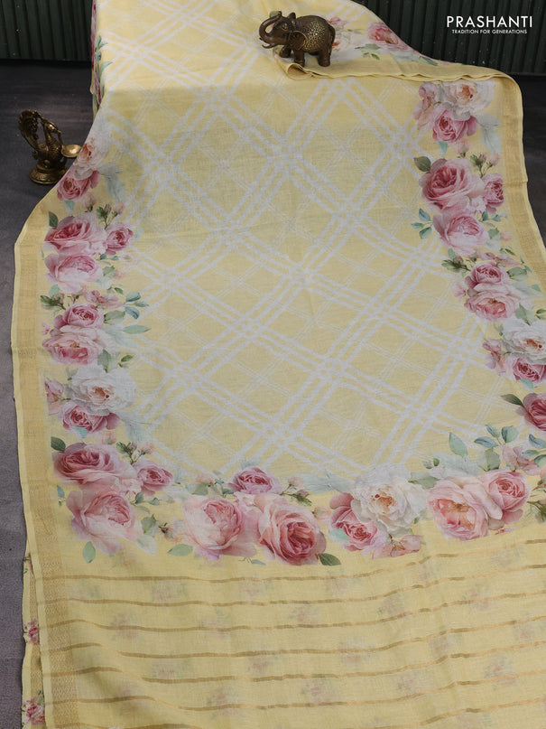 Pure linen saree pale yellow with allover geometric prints and zari woven border