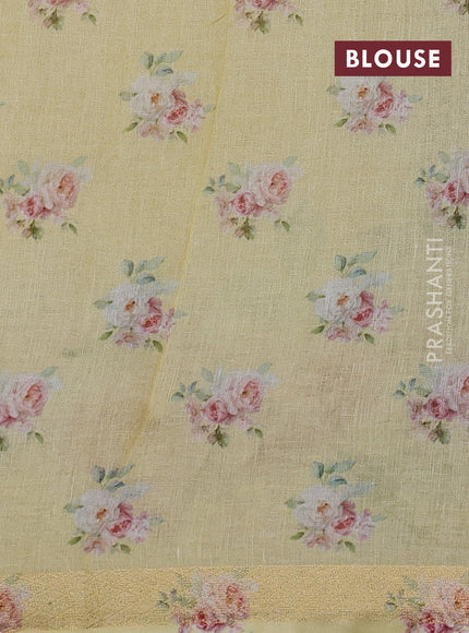 Pure linen silk saree pale yellow with allover geometric prints and zari woven border