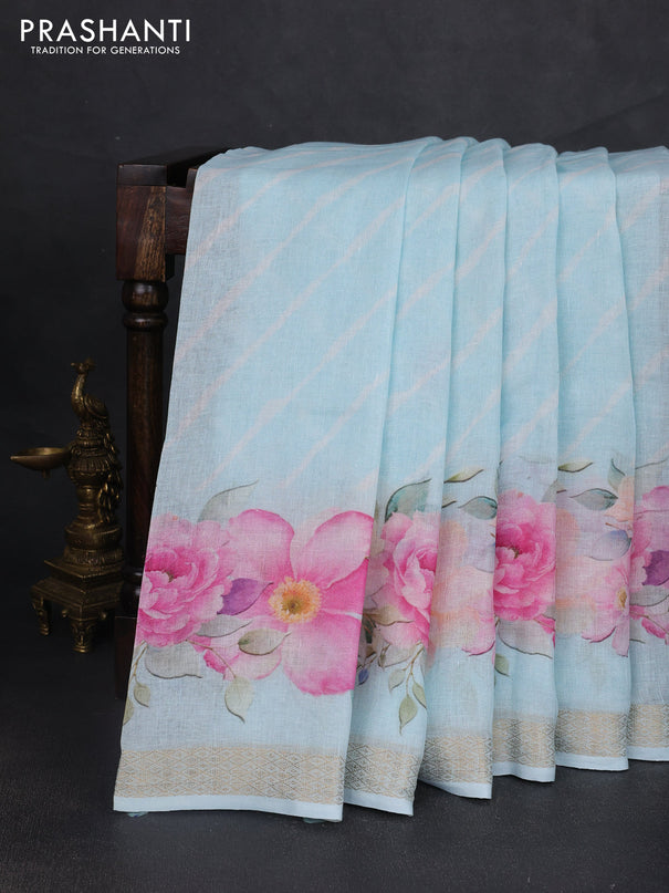 Pure linen saree light blue with allover leheriya style prints and zari woven border