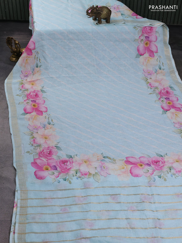 Pure linen saree light blue with allover leheriya style prints and zari woven border