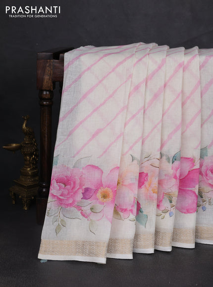 Pure linen silk saree cream with allover leheriya style prints and zari woven border