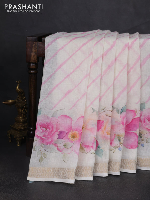 Pure linen saree cream with allover leheriya style prints and zari woven border