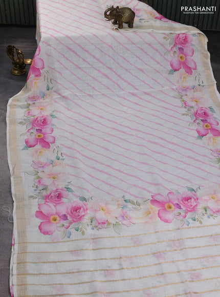 Pure linen silk saree cream with allover leheriya style prints and zari woven border