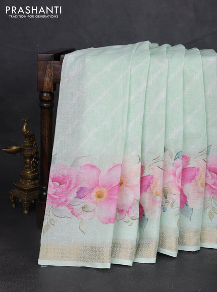 Pure linen silk saree pastel green with allover leheriya style prints and zari woven border