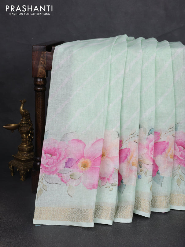 Pure linen saree pastel green with allover leheriya style prints and zari woven border