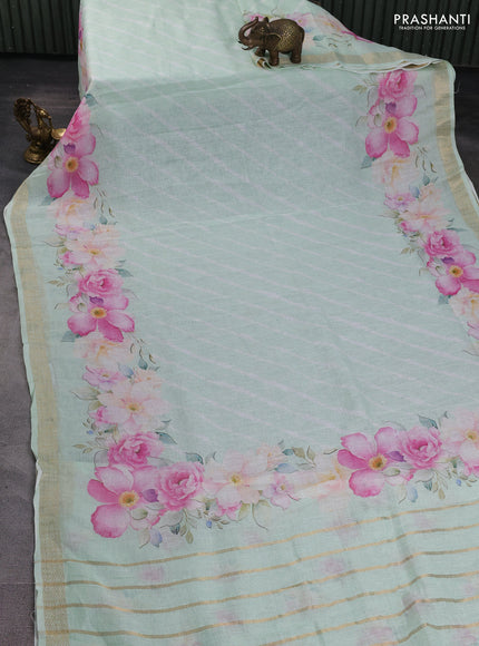 Pure linen silk saree pastel green with allover leheriya style prints and zari woven border