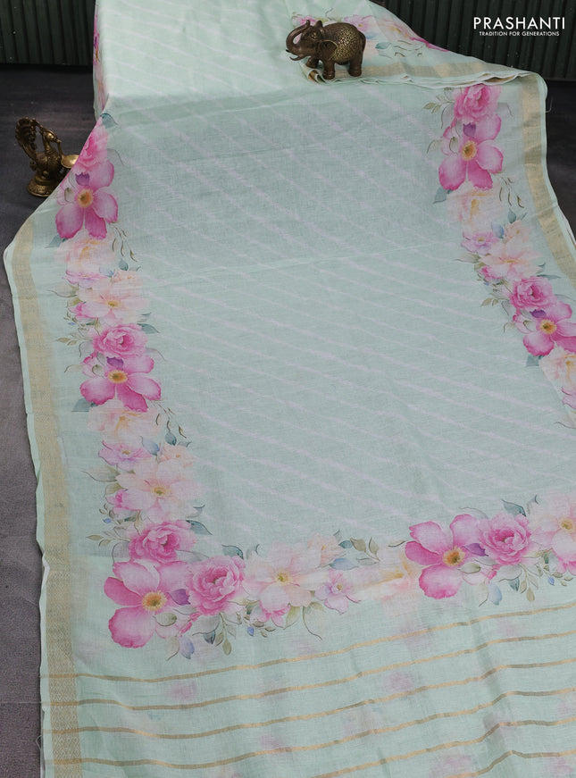 Pure linen silk saree pastel green with allover leheriya style prints and zari woven border