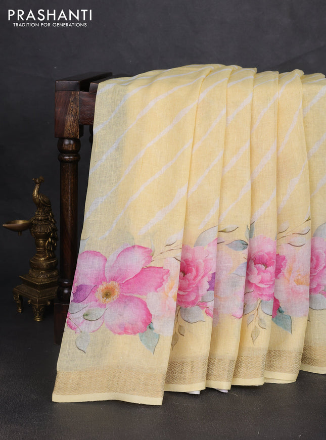 Pure linen silk saree pale yellow with allover leheriya style prints and zari woven border