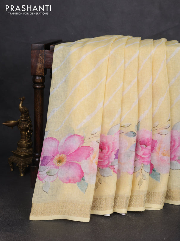 Pure linen saree pale yellow with allover leheriya style prints and zari woven border