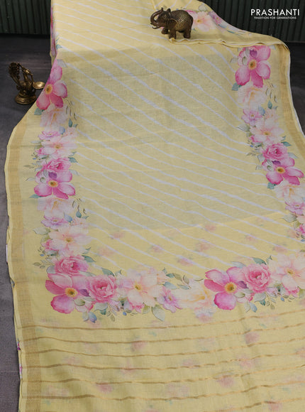 Pure linen silk saree pale yellow with allover leheriya style prints and zari woven border