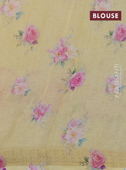 Pure linen silk saree pale yellow with allover leheriya style prints and zari woven border