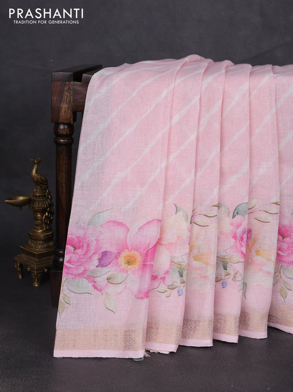 Pure linen saree baby pink with allover leheriya style prints and zari woven border