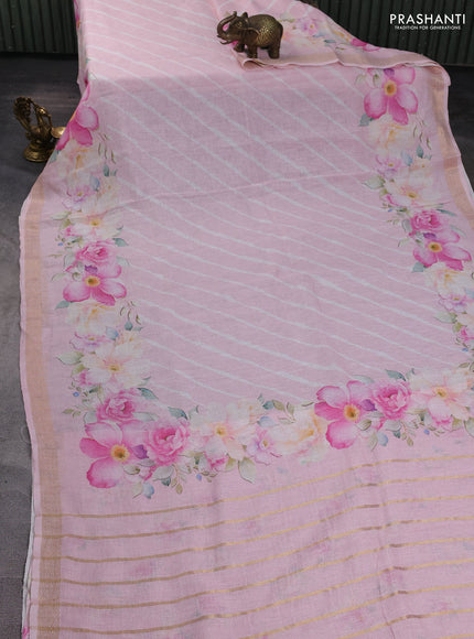 Pure linen silk saree baby pink with allover leheriya style prints and zari woven border