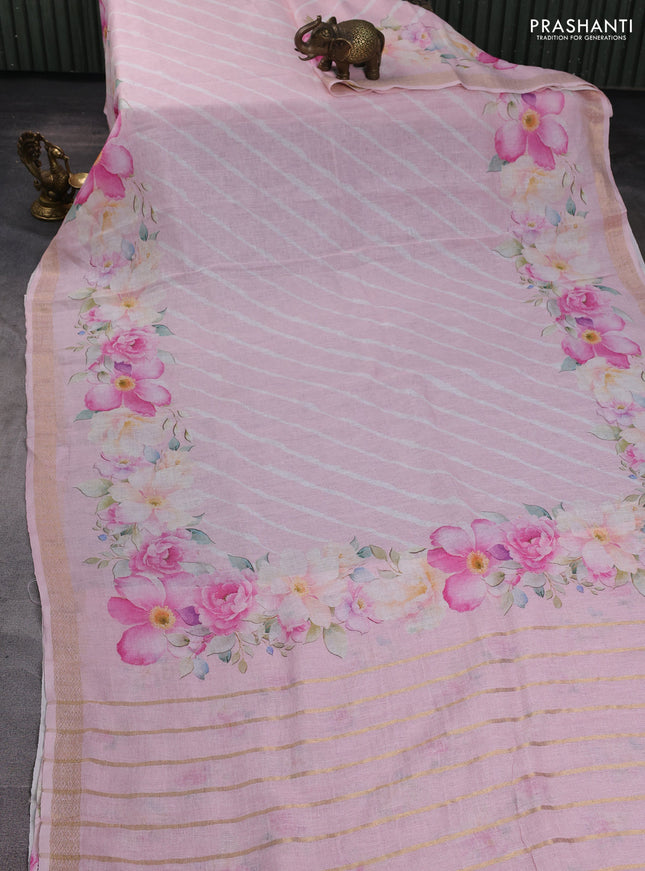 Pure linen silk saree baby pink with allover leheriya style prints and zari woven border