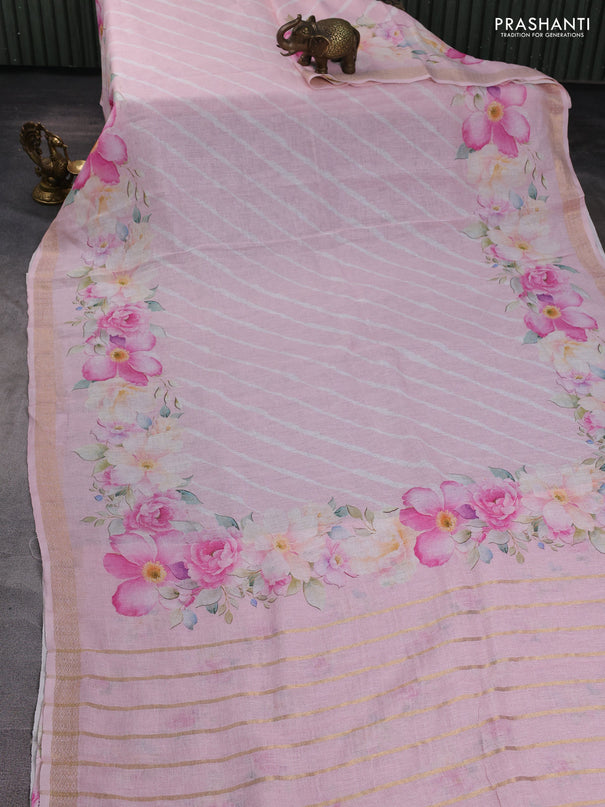 Pure linen saree baby pink with allover leheriya style prints and zari woven border