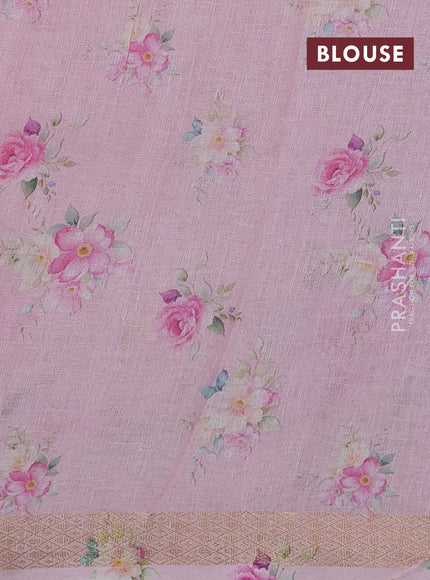 Pure linen silk saree baby pink with allover leheriya style prints and zari woven border