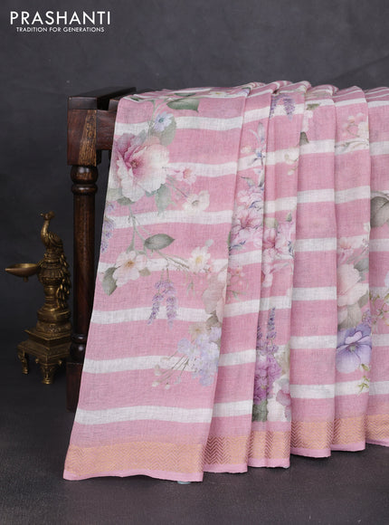Pure linen silk saree mauve pink and off white with allover floral digital prints and zari woven border