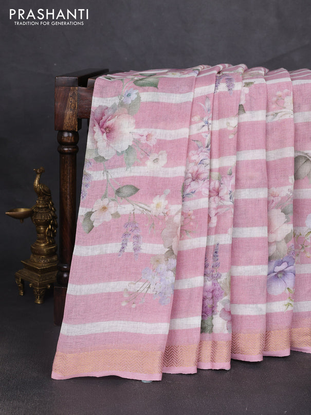 Pure linen saree mauve pink and off white with allover floral digital prints and zari woven border