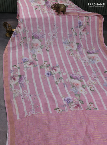 Pure linen silk saree mauve pink and off white with allover floral digital prints and zari woven border