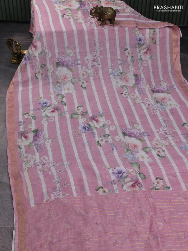 Pure linen saree mauve pink and off white with allover floral digital prints and zari woven border