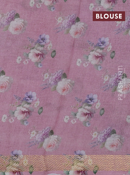 Pure linen silk saree mauve pink and off white with allover floral digital prints and zari woven border