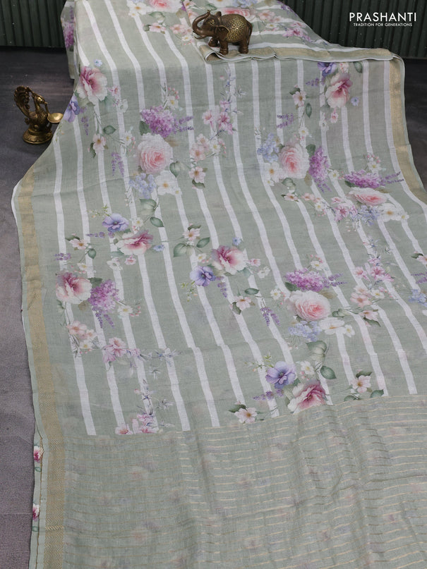 Pure linen saree pastel green and off white with allover floral digital prints and zari woven border