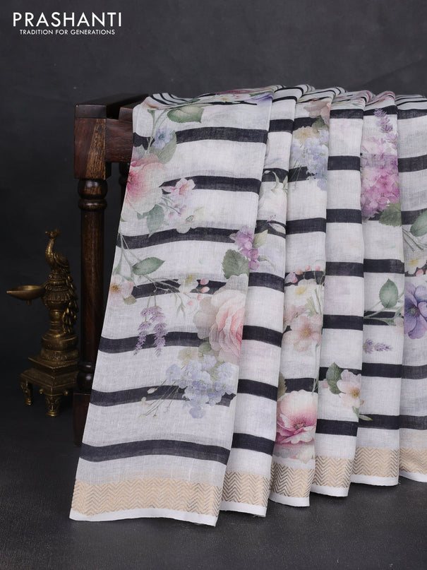 Pure linen saree off white and black with allover floral digital prints and zari woven border