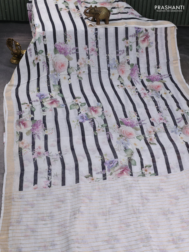 Pure linen saree off white and black with allover floral digital prints and zari woven border