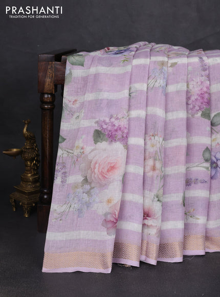 Pure linen silk saree lavender and off white with allover floral digital prints and zari woven border