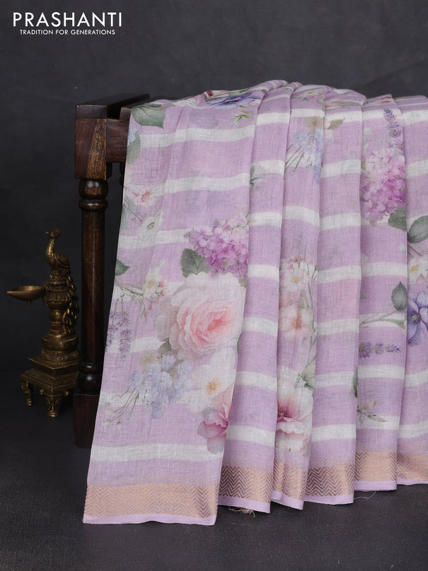 Pure linen saree lavender and off white with allover floral digital prints and zari woven border