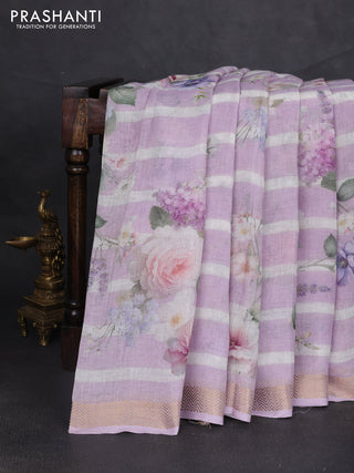 Pure linen saree lavender and off white with allover floral digital prints and zari woven border