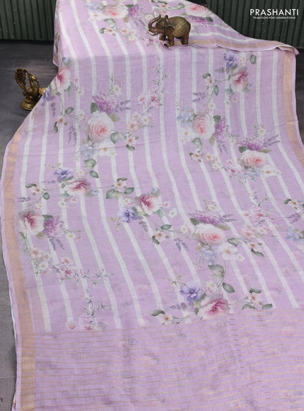 Pure linen silk saree lavender and off white with allover floral digital prints and zari woven border