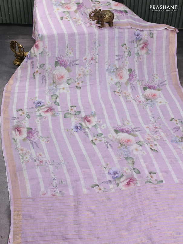 Pure linen saree lavender and off white with allover floral digital prints and zari woven border