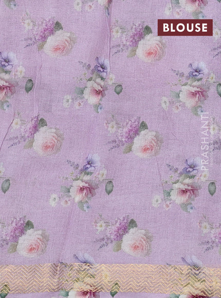 Pure linen silk saree lavender and off white with allover floral digital prints and zari woven border