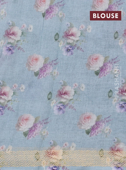 Pure linen silk saree pastel blue and off white with allover floral digital prints and zari woven border